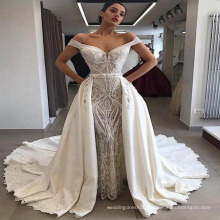 China GuangZhou White Tulle Lace Chiffon Detachable Train Fishtail Wedding Dress